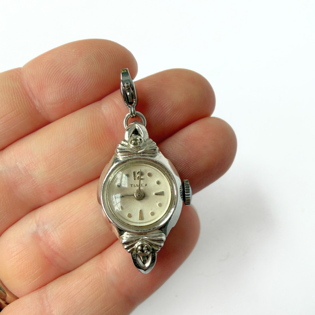 Refashioned Vintage silver tone  "Timex" watch face charm
