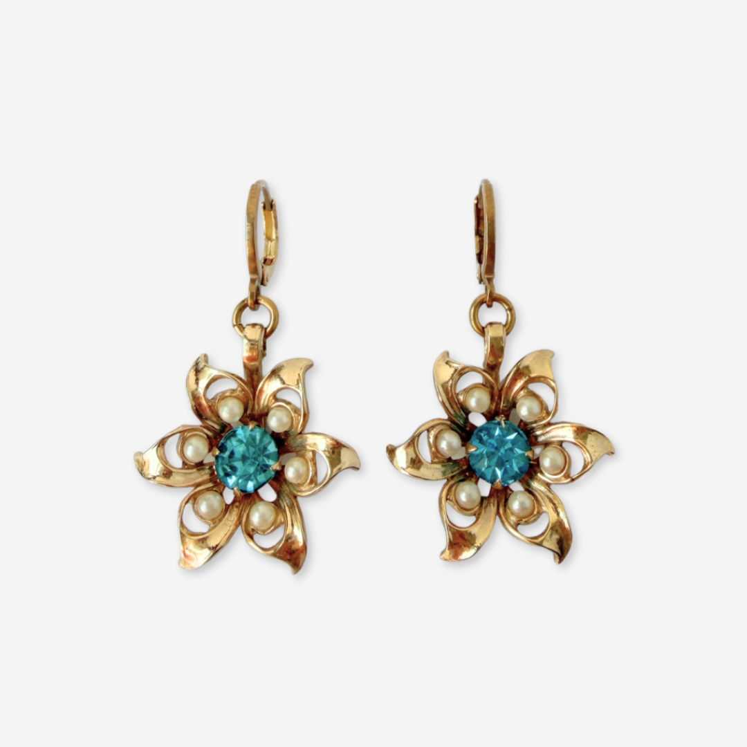 Vintage gold plated, aqua rhinestone and pearl flower earrings