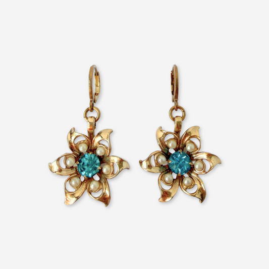 Vintage gold plated, aqua rhinestone and pearl flower earrings