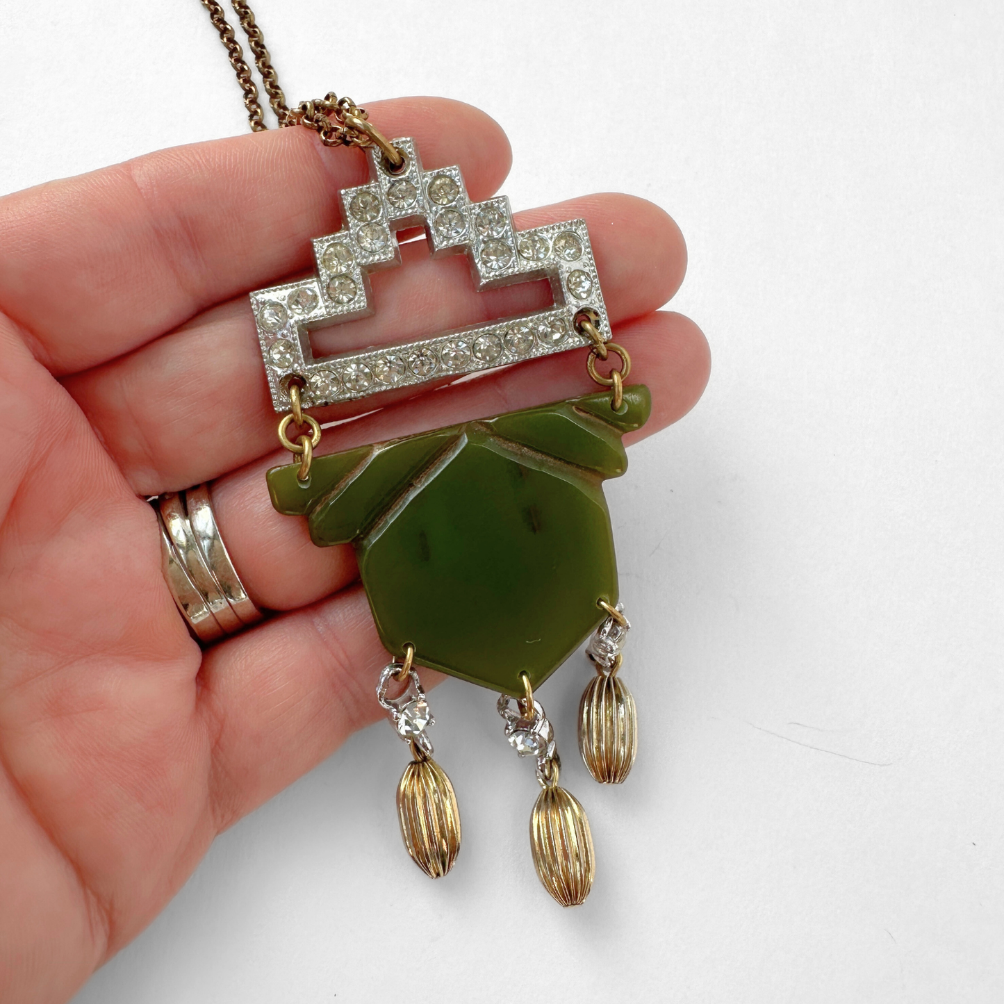 Repurposed Vintage green bakelite and rhinestone long pendant assemblage necklace