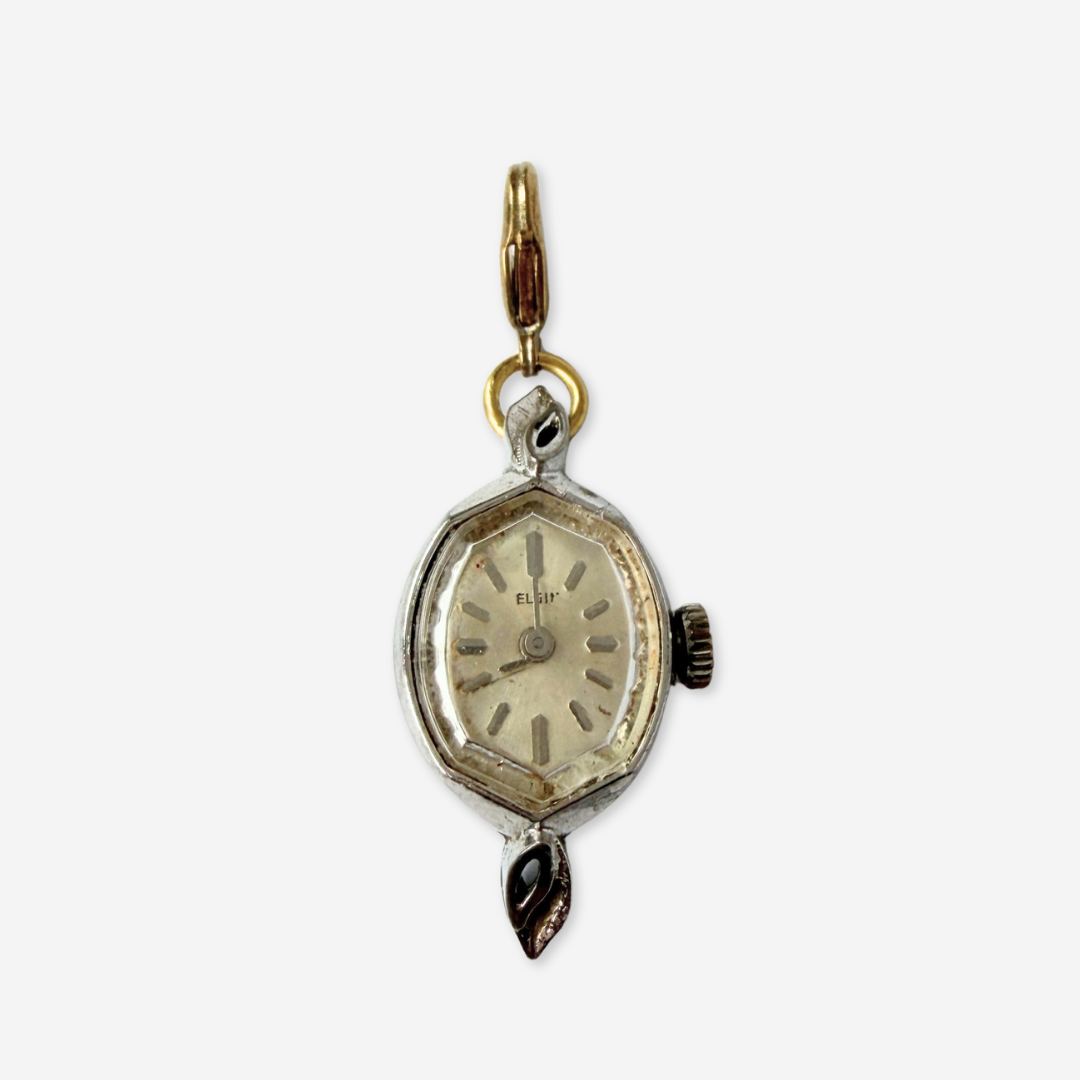 Vintage silver tone  "Elgin" watch face charm