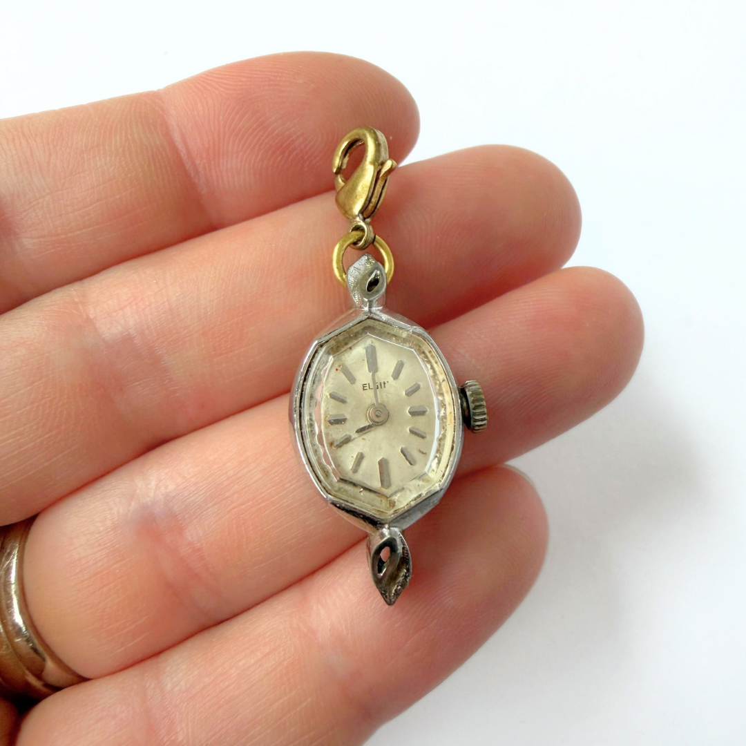 Vintage silver tone  "Elgin" watch face charm