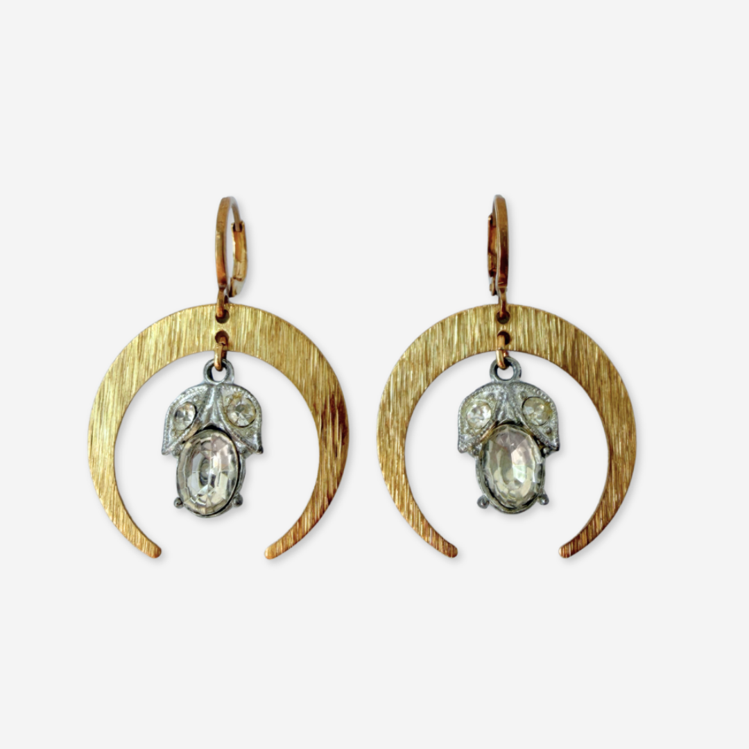 Brass crescent hoop earrings with vintage clear rhinestone center drops