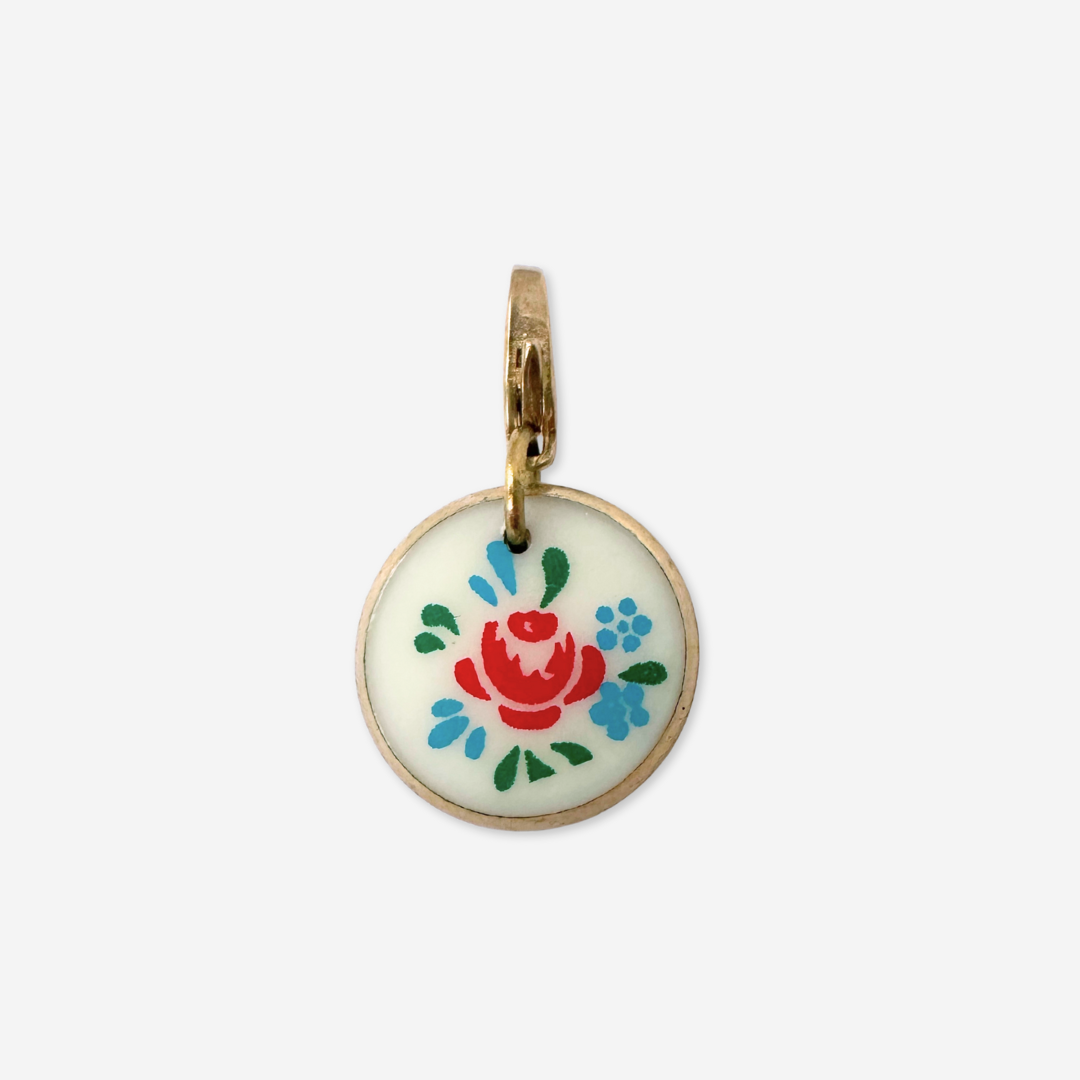 Vintage white glass and red floral circular charm