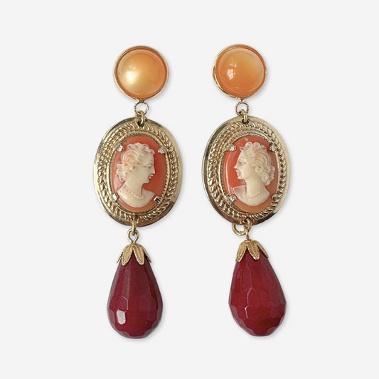 Large refashioned vintage coral cameo earrings with burgundy stone drops