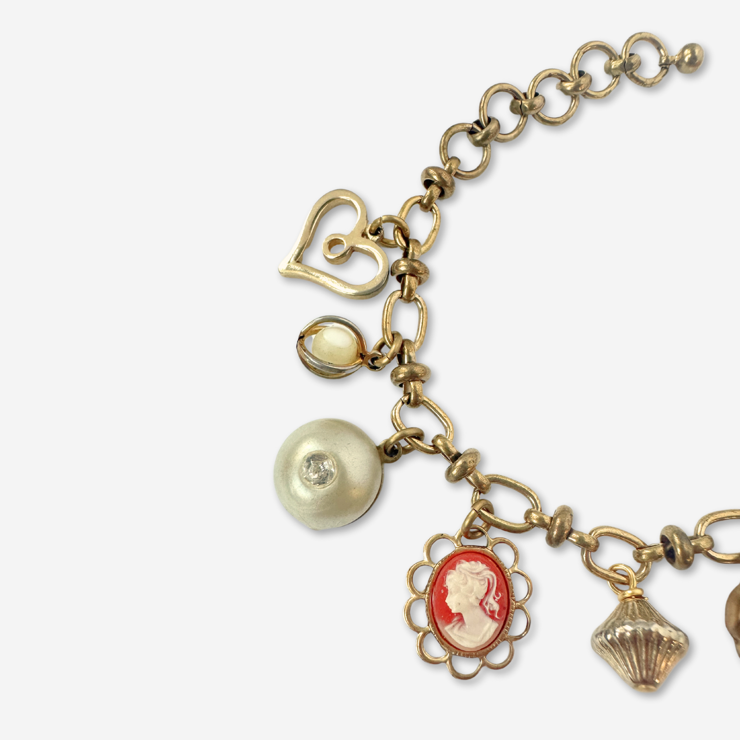 Repurposed vintage coral and brass charm bracelet