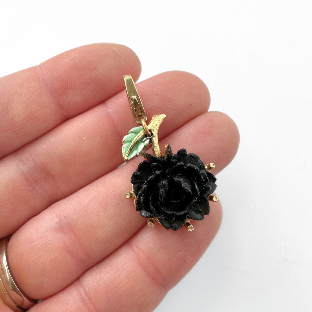 Vintage carved black rose flower charm