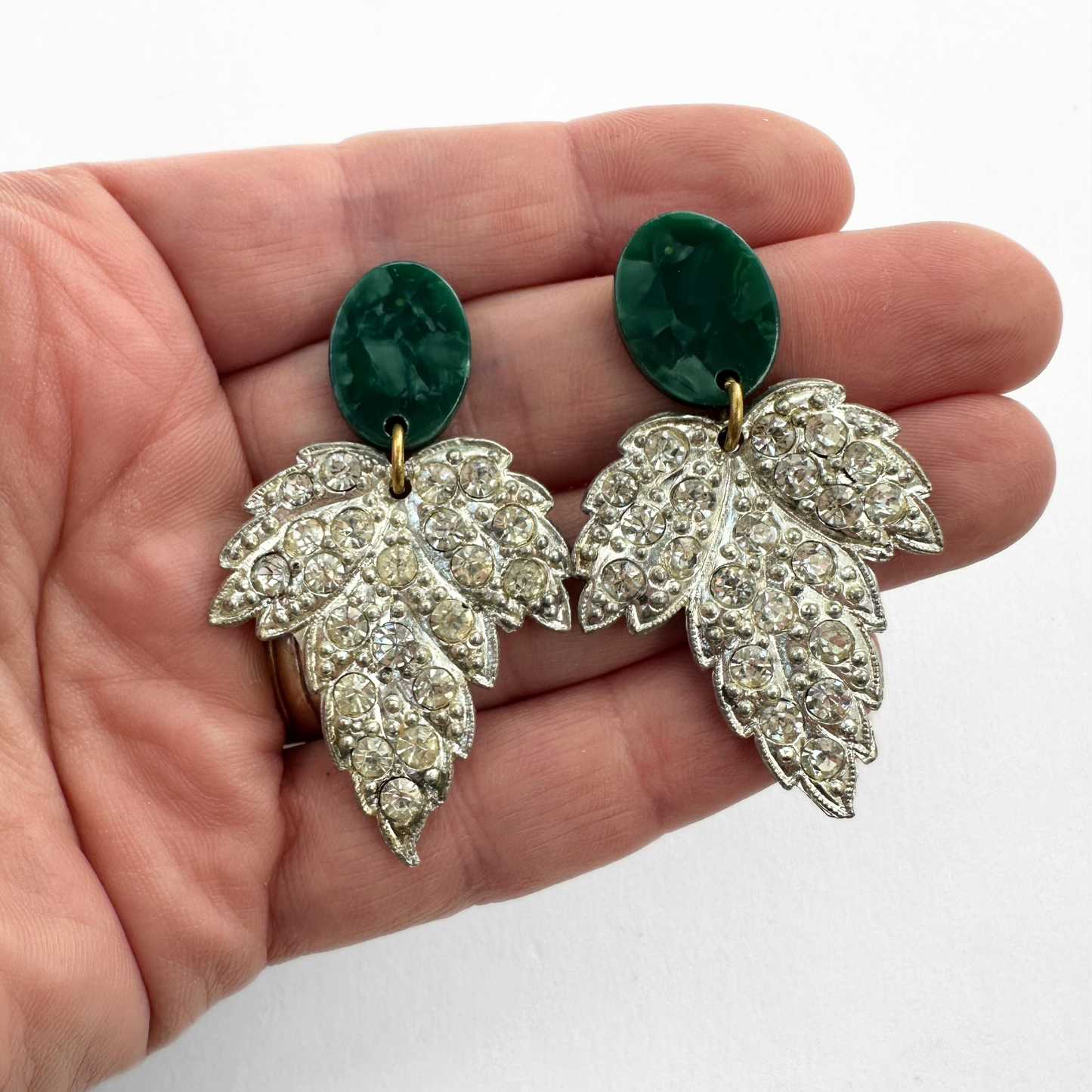 VIntage rhinestone leaf earrings with green oval posts