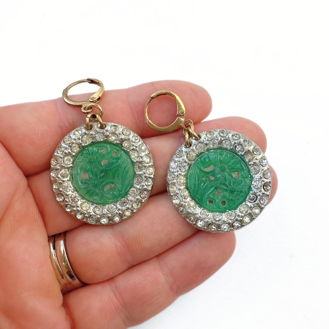 Refashioned vintage clear rhinestone and jade green large circular earrings