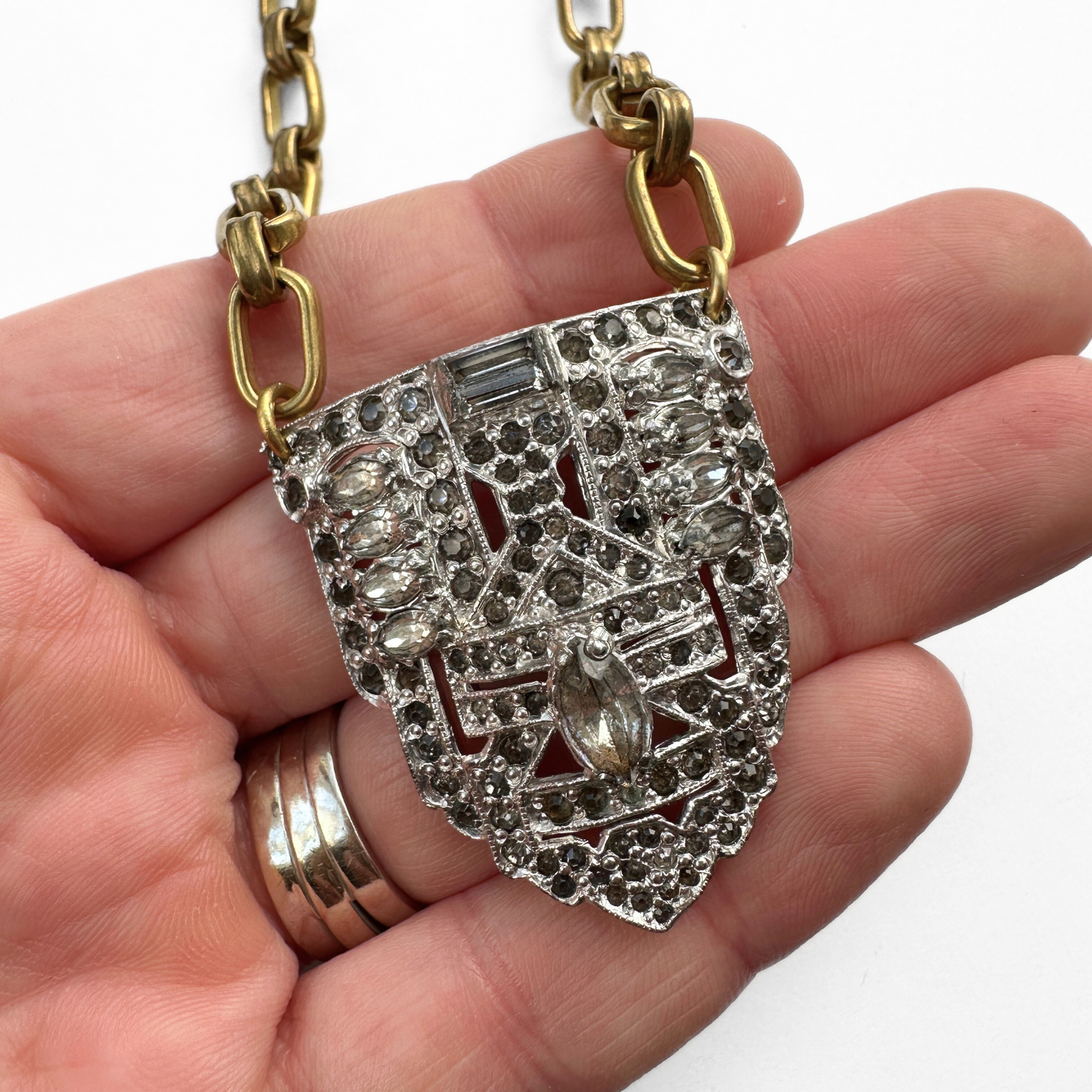 Refashioned vintage art deco rhinestone pendant with brass cable chain