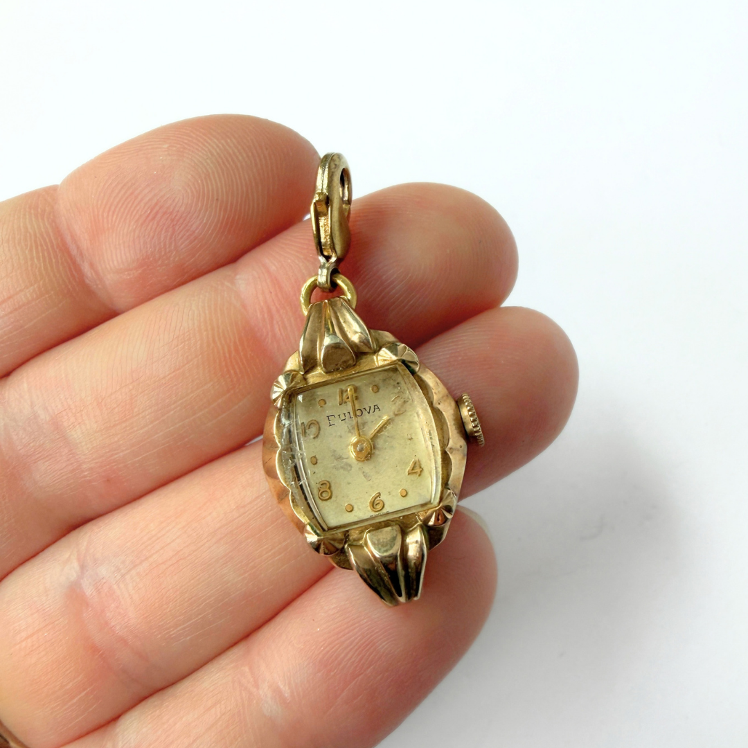 Refashioned Vintage gold tone  "Bulova" watch face charm