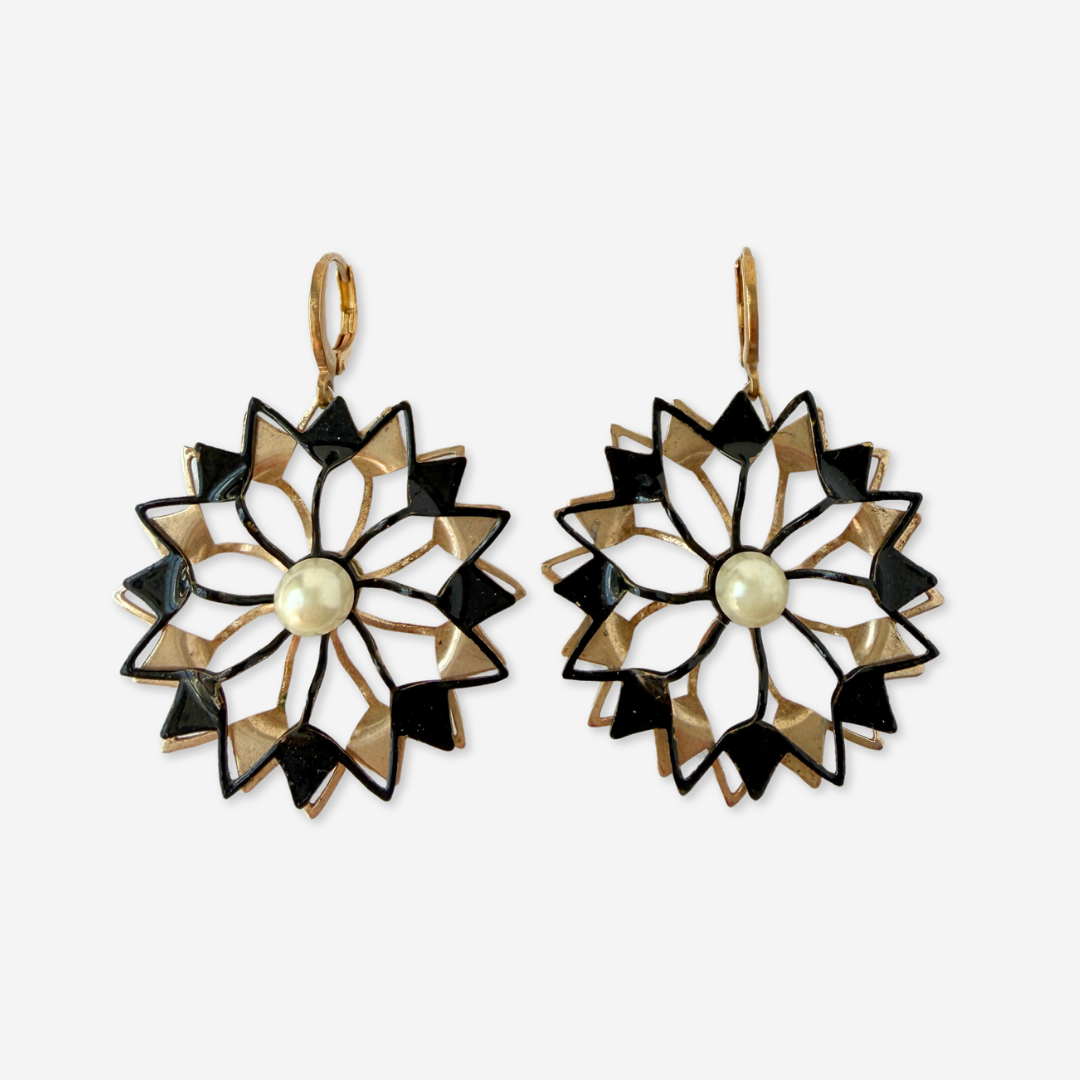 Vintage large gold and black enamel flower earrings