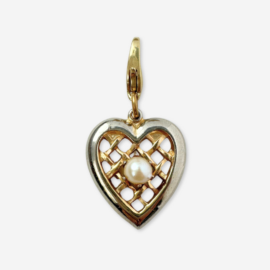 Vintage gold and silver lattice heart charm with pearl