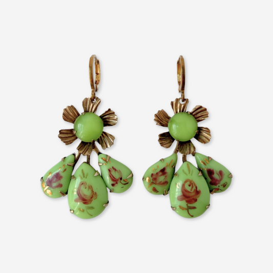 Refashioned vintage pistachio green floral earrings