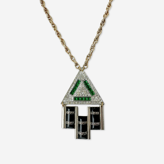 Black, green, and clear rhinestone vintage deco assemblage pendant necklace