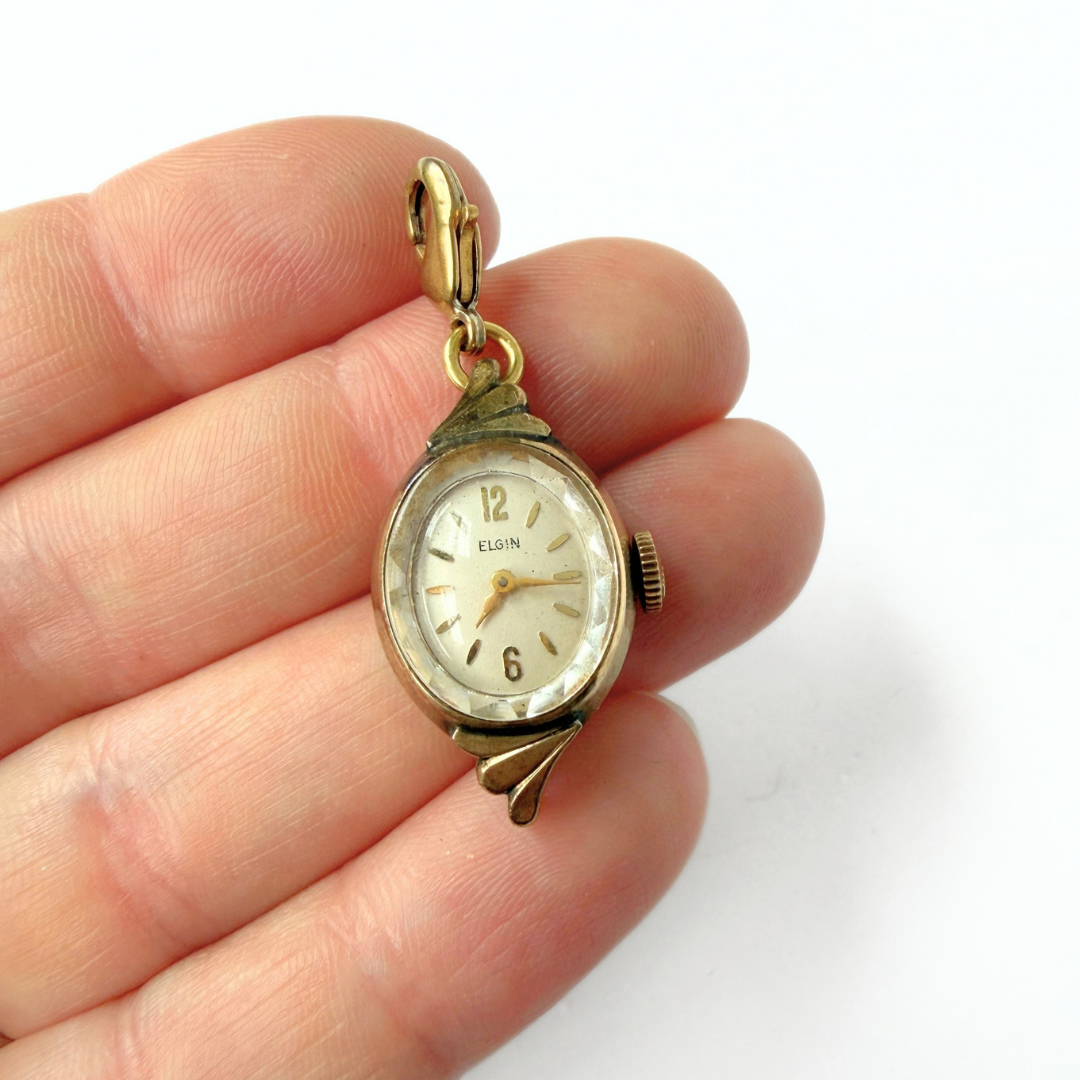 Refashioned Vintage gold tone  "Elgin" watch face charm