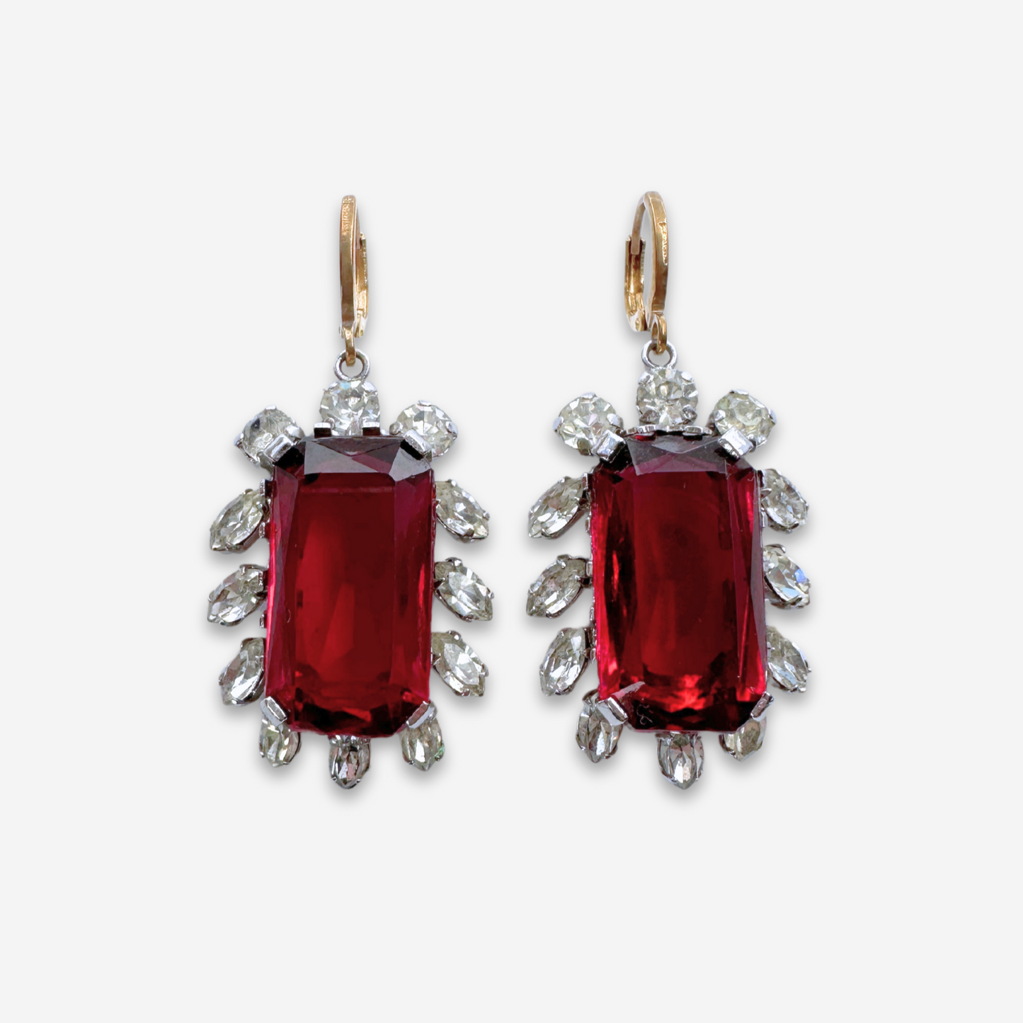 Large refashioned vintage red and clear rhinestone statement earrings