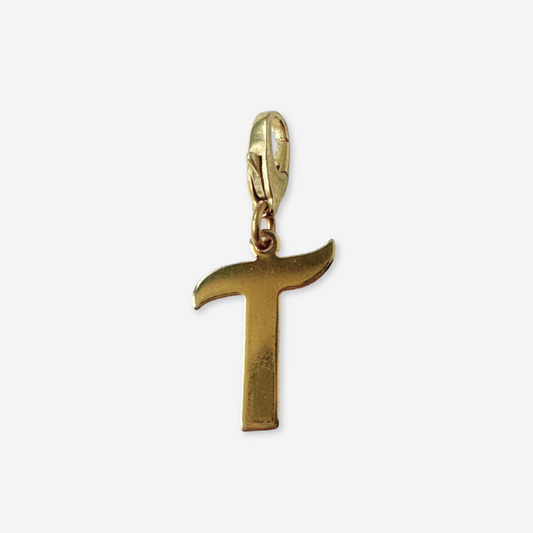 Gold letter 'T' pendant on a white background