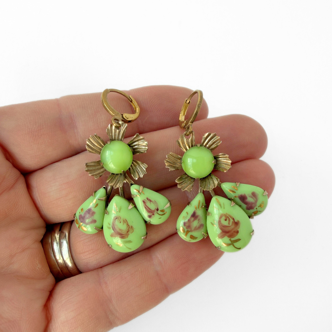 Refashioned vintage pistachio green floral earrings