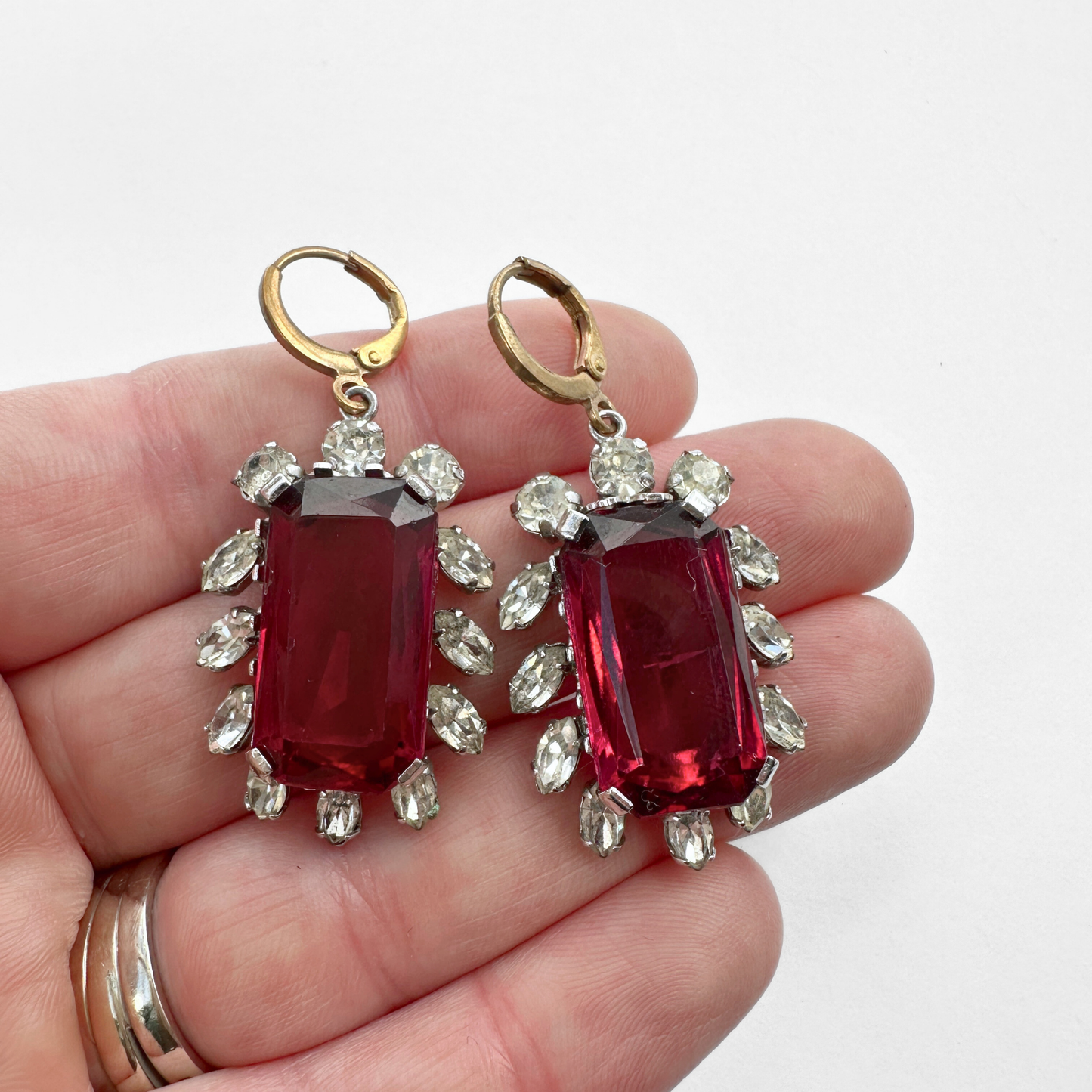 Large refashioned vintage red and clear rhinestone statement earrings