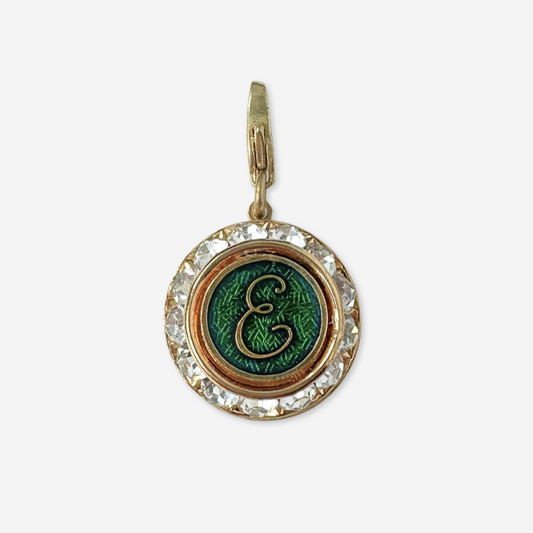 Vintage clear rhinestone and green enamel "E" monogram charm