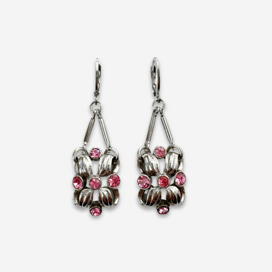 Refashioned vintage pink rhinestone silver drop earrings