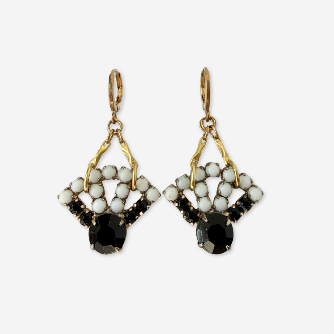 Refashioned vintage black and white milk glass fan-shaped earrings