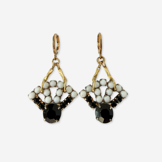 Refashioned vintage black and white milk glass fan-shaped earrings