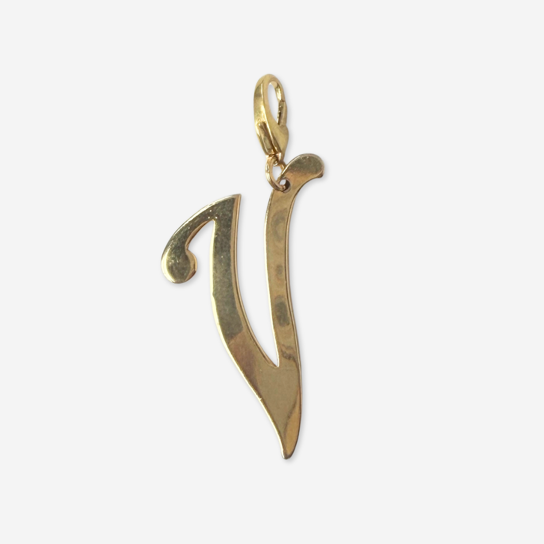 Large vintage shiny gold plated letter "V" charm