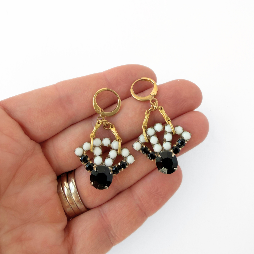 Refashioned vintage black and white milk glass fan-shaped earrings