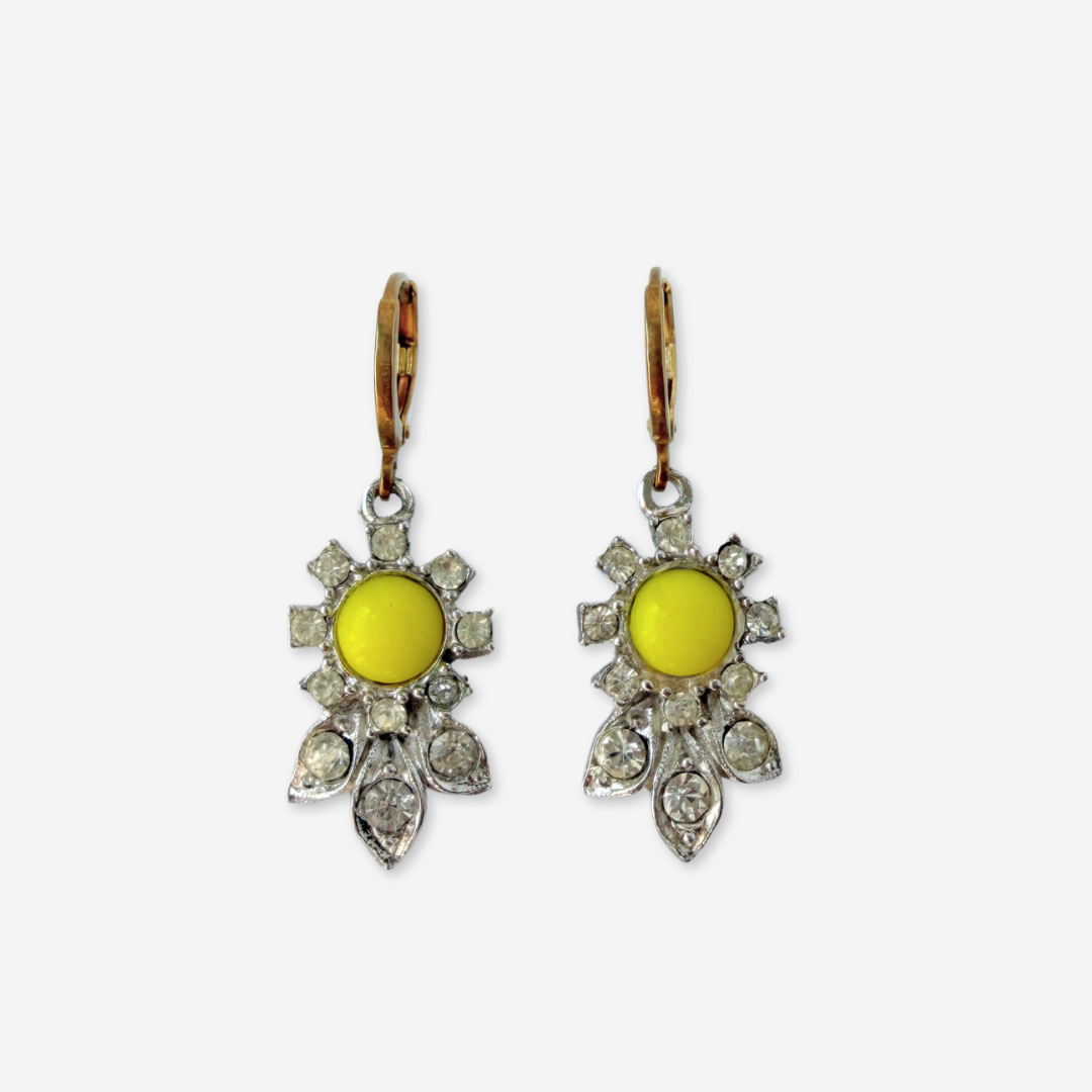 Refashioned vintage clear rhinestone and neon yellow earrings