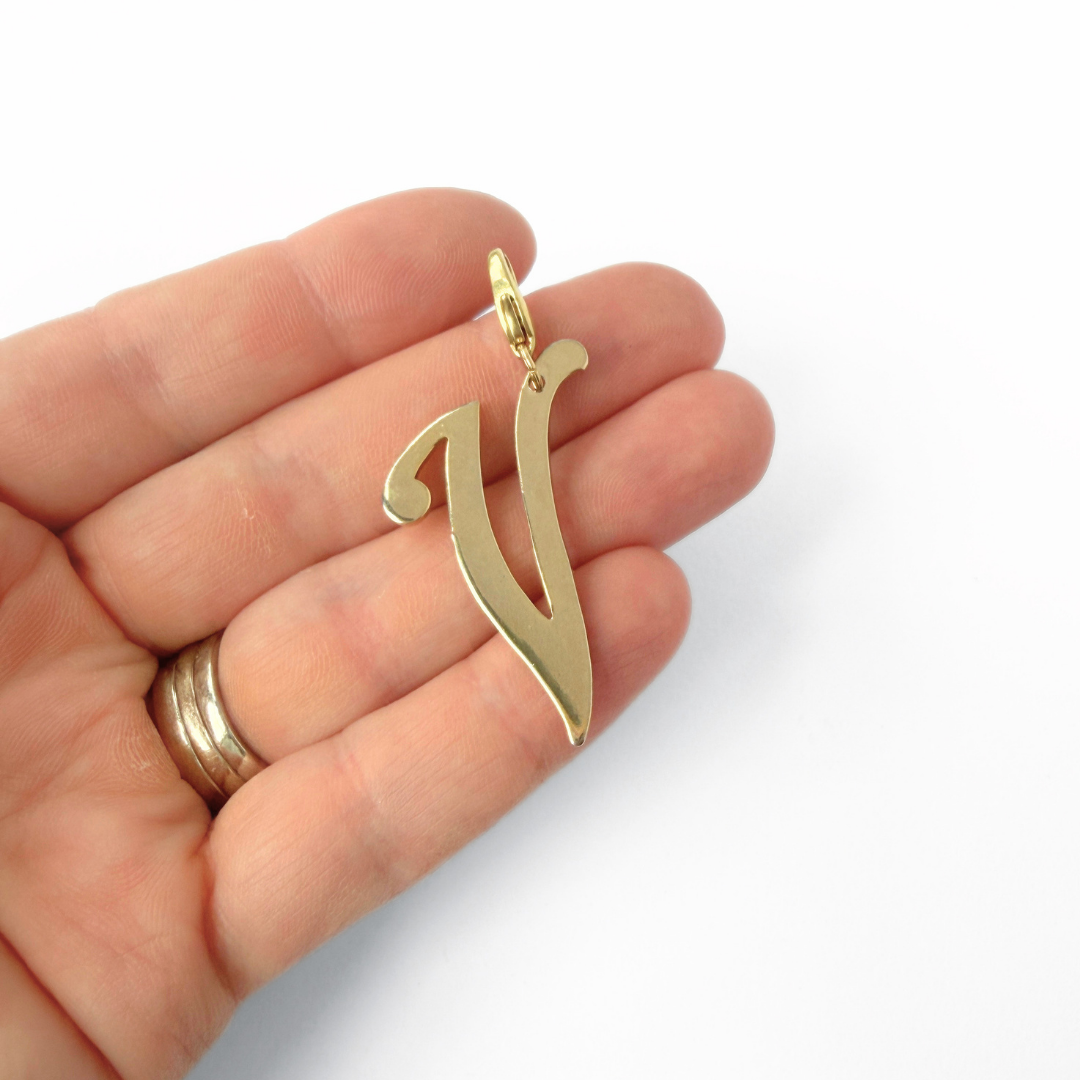Large vintage shiny gold plated letter "V" charm