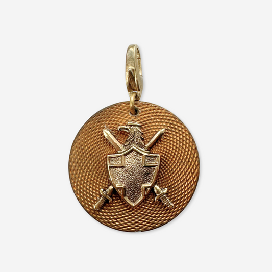 Antique gold textured French button charm with shield embellishment
