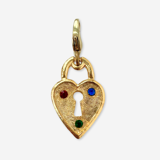 Vintage gold tone heart lock charm with multicolor rhinestones