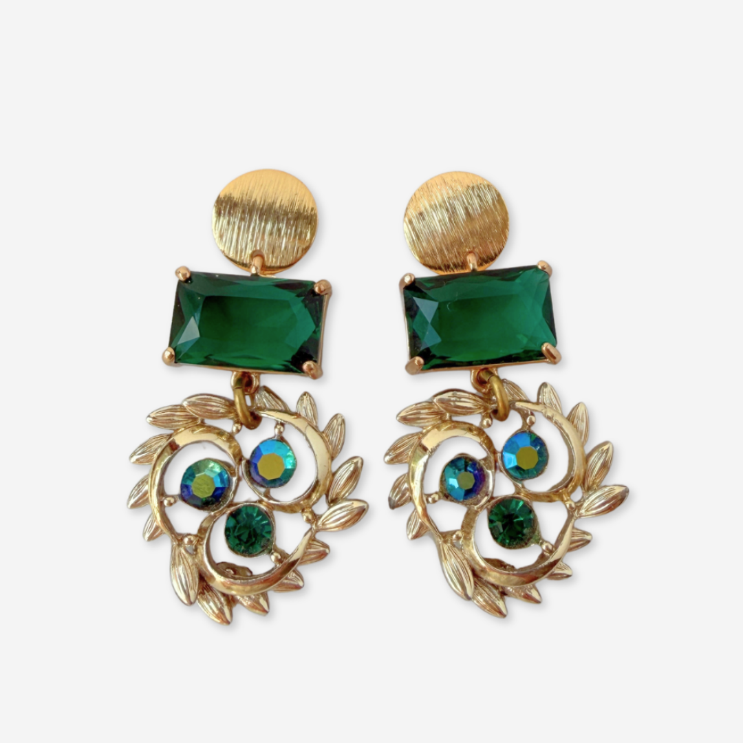Refashioned vintage iridescent green and blue rhinestone drop earrings