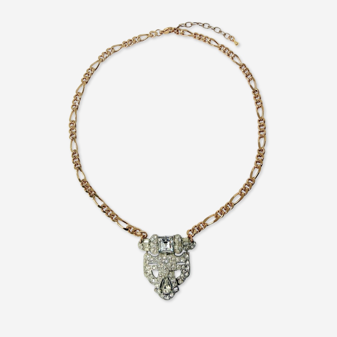 Vintage clear rhinestone deco pendant on gold plated curb chain