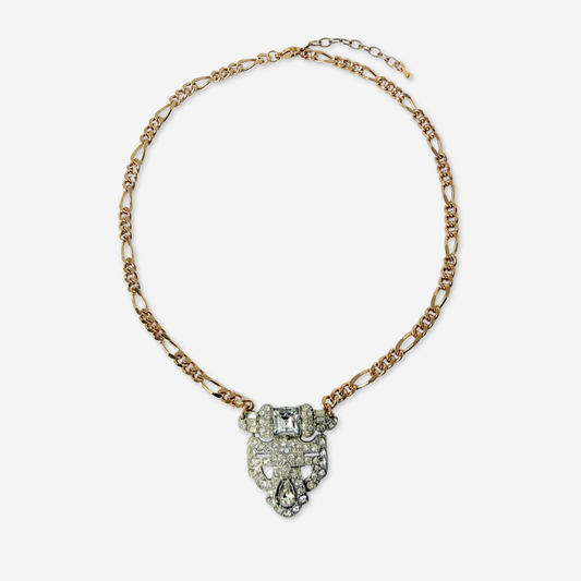 Vintage clear rhinestone deco pendant on gold plated curb chain