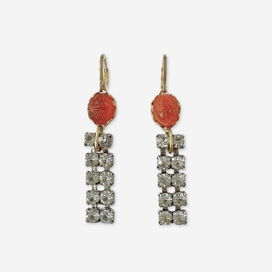 Small amber oval scarab and vintage rhinestone dangly earrings