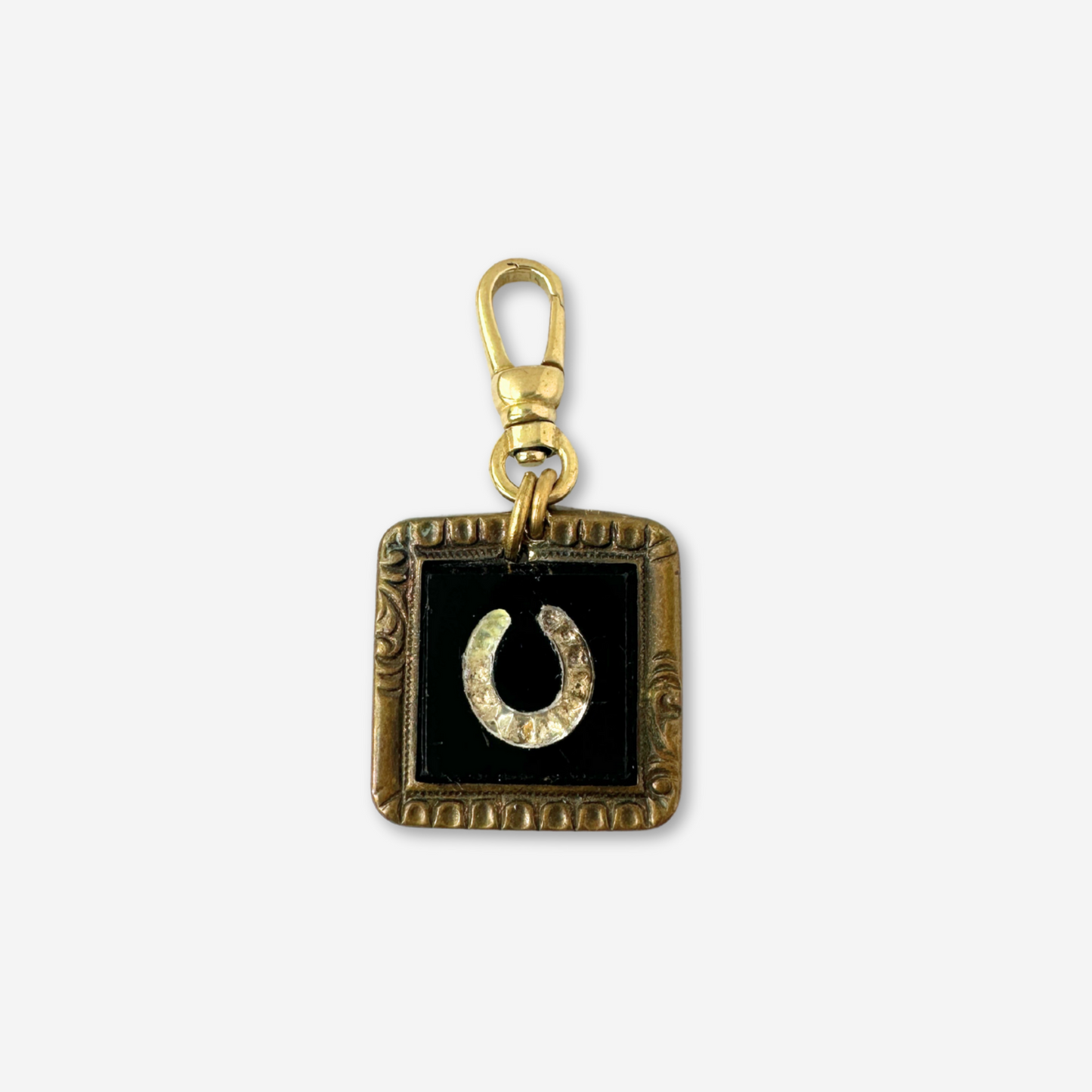 Vintage square black horseshoe charm with raw brass swivel clasp