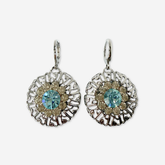 Refashioned vintage silver filigree earrings with aqua rhinestone center