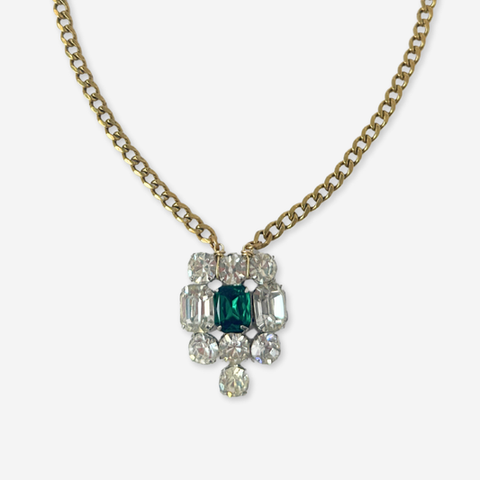 Vintage clear and emerald large rhinestone pendant with brass chain
