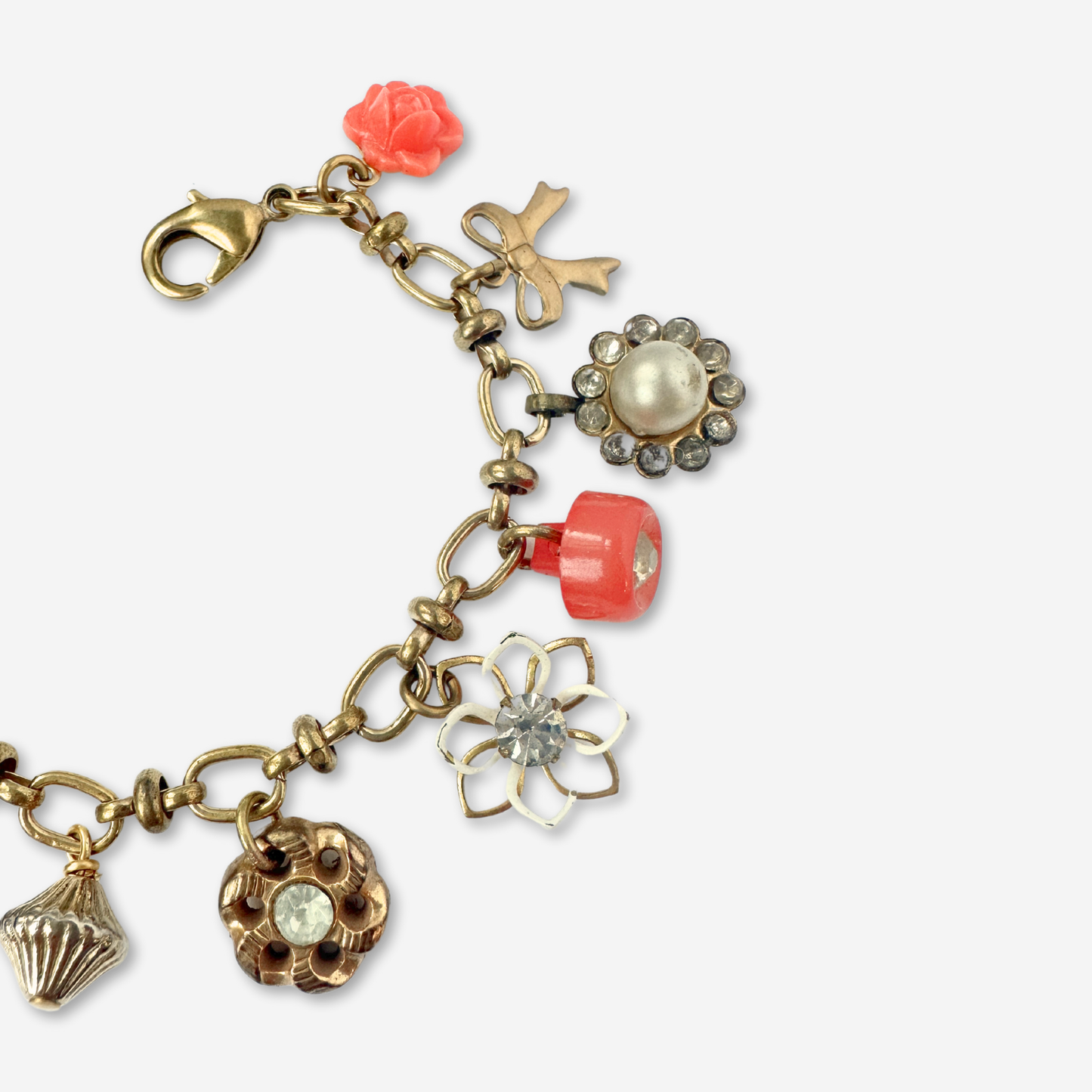 Repurposed vintage coral and brass charm bracelet