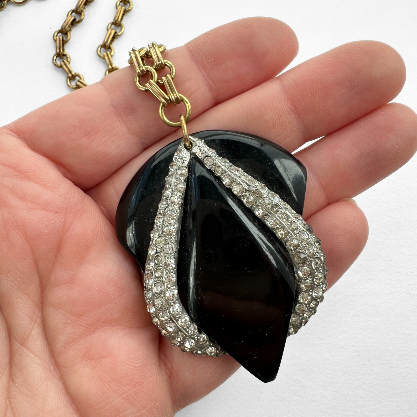 Refashioned vintage black and clear rhinestone deco pendant necklace