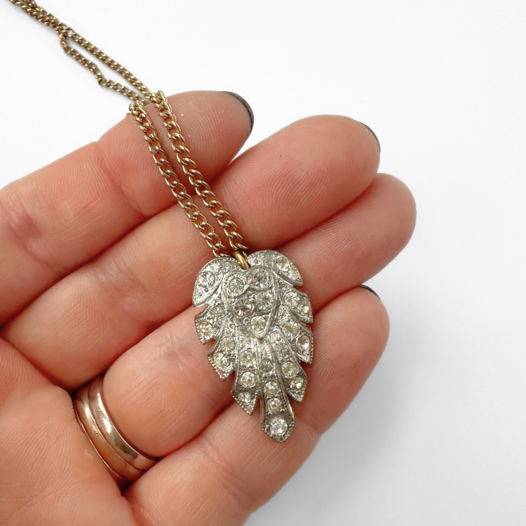 Small clear vintage rhinestone deco pendant on thin curb chain