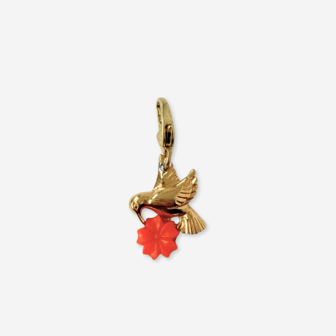 Vintage small gold plated hummingbird charm with orange flower