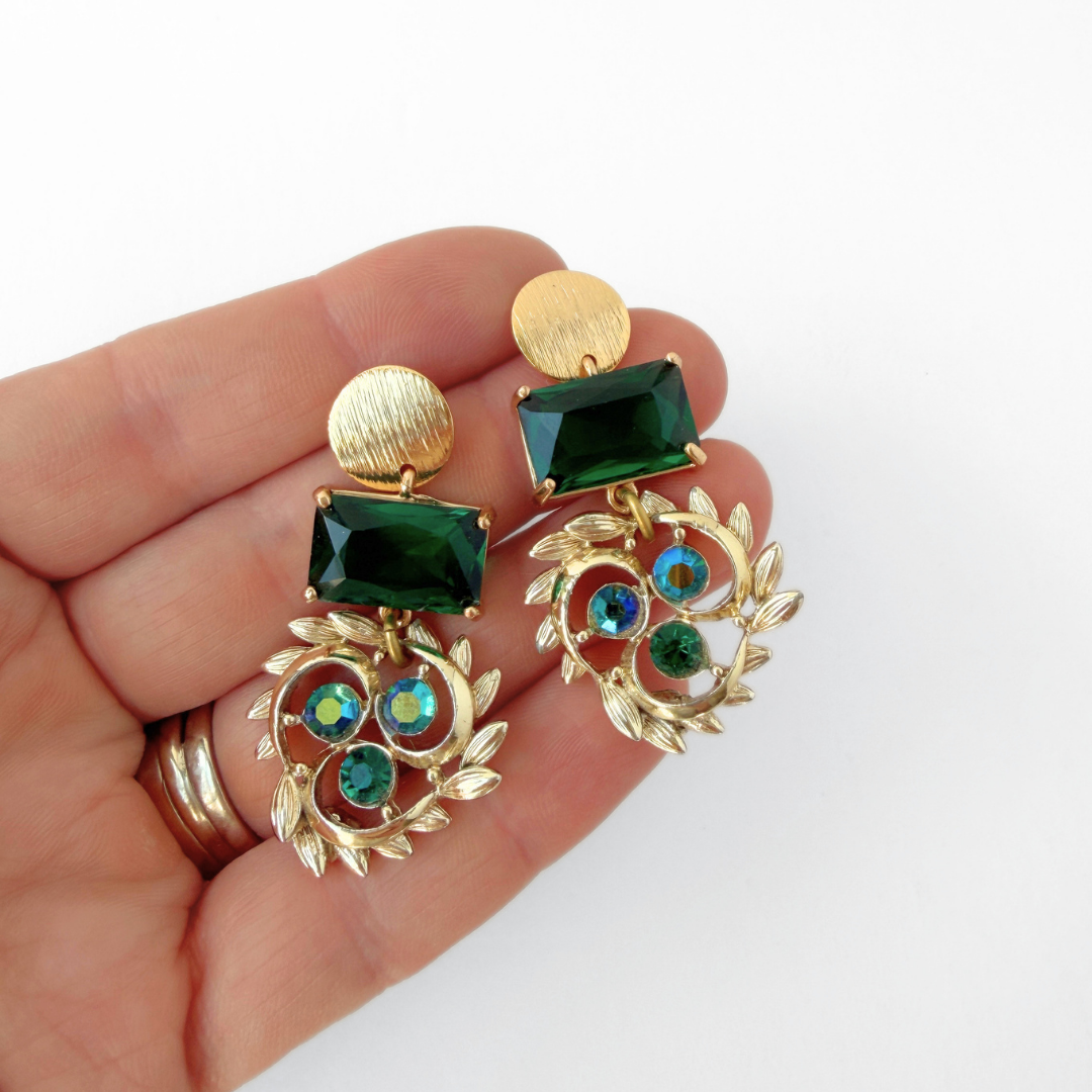 Refashioned vintage iridescent green and blue rhinestone drop earrings