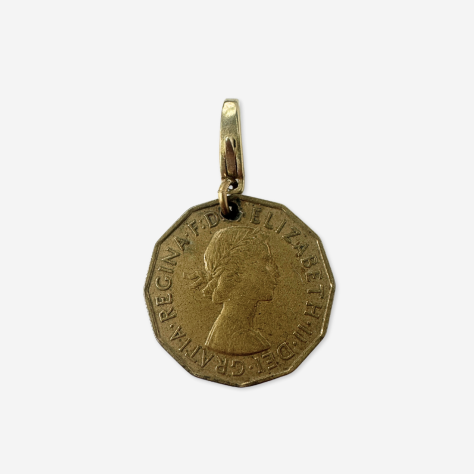 Vintage bronze 1956 Queen Elizabeth three pence coin charm