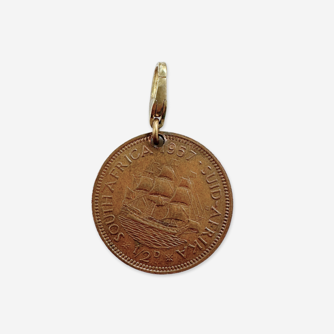 Vintage bronze 1957 Queen Elizabeth South African coin charm