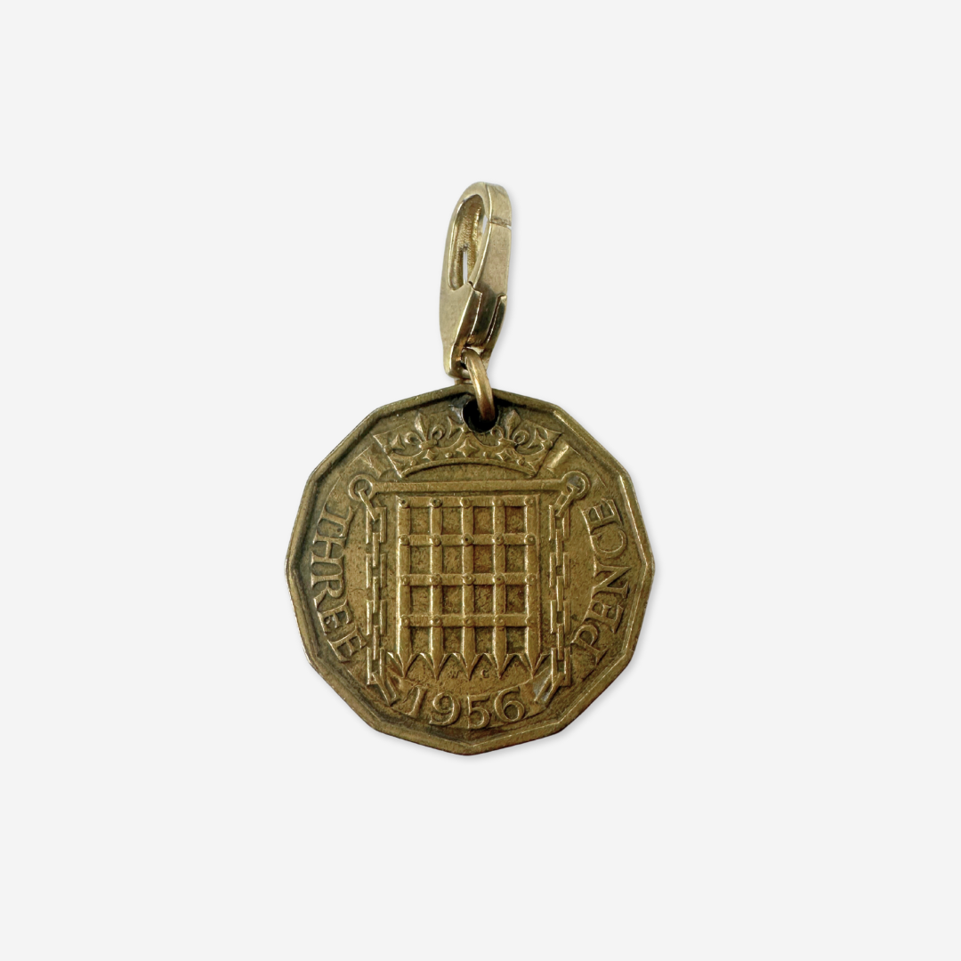 Vintage bronze 1956 Queen Elizabeth three pence coin charm