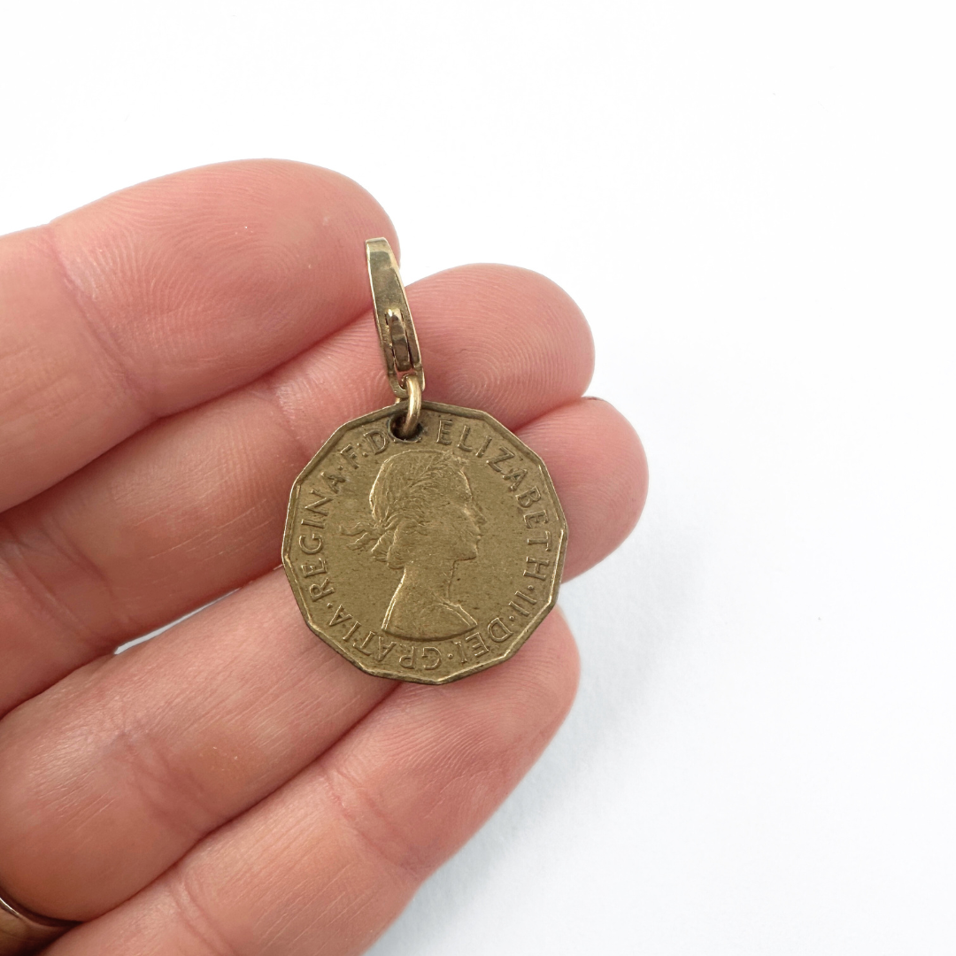 Vintage bronze 1956 Queen Elizabeth three pence coin charm